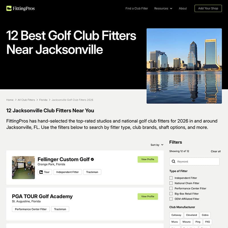 City page view of club fitters on FittingPros.com
